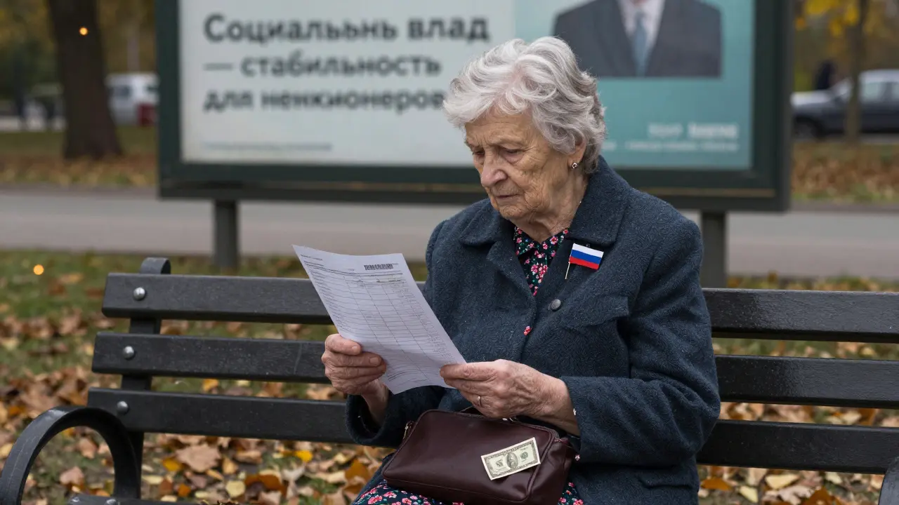 Пожилая женщина смотрит на выписку с несколькими валютами на скамейке, рядом — объявление о социальном вкладе.