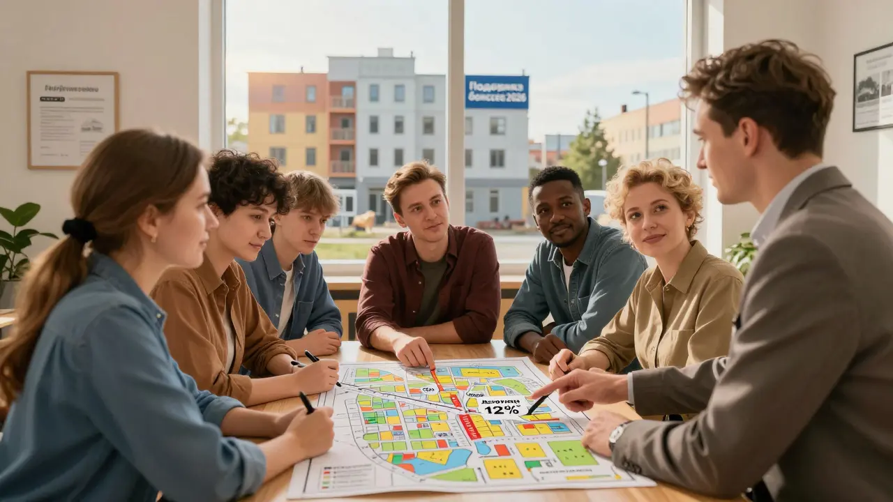 Предприниматели обсуждают коммерческую ипотеку с консультантом, на карте выделены льготные объекты.