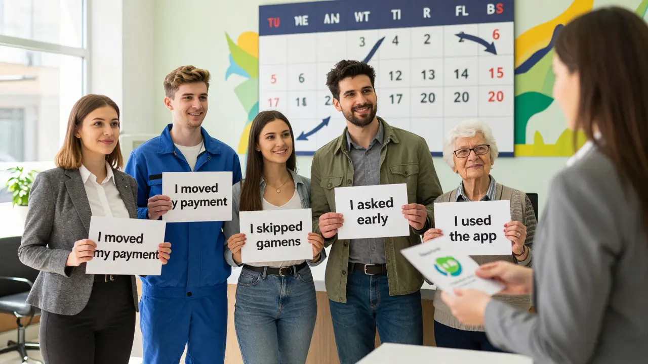 Разные люди в банке получают благодарственные карты, за ними — настенная роспись с изменяющимися датами платежей.