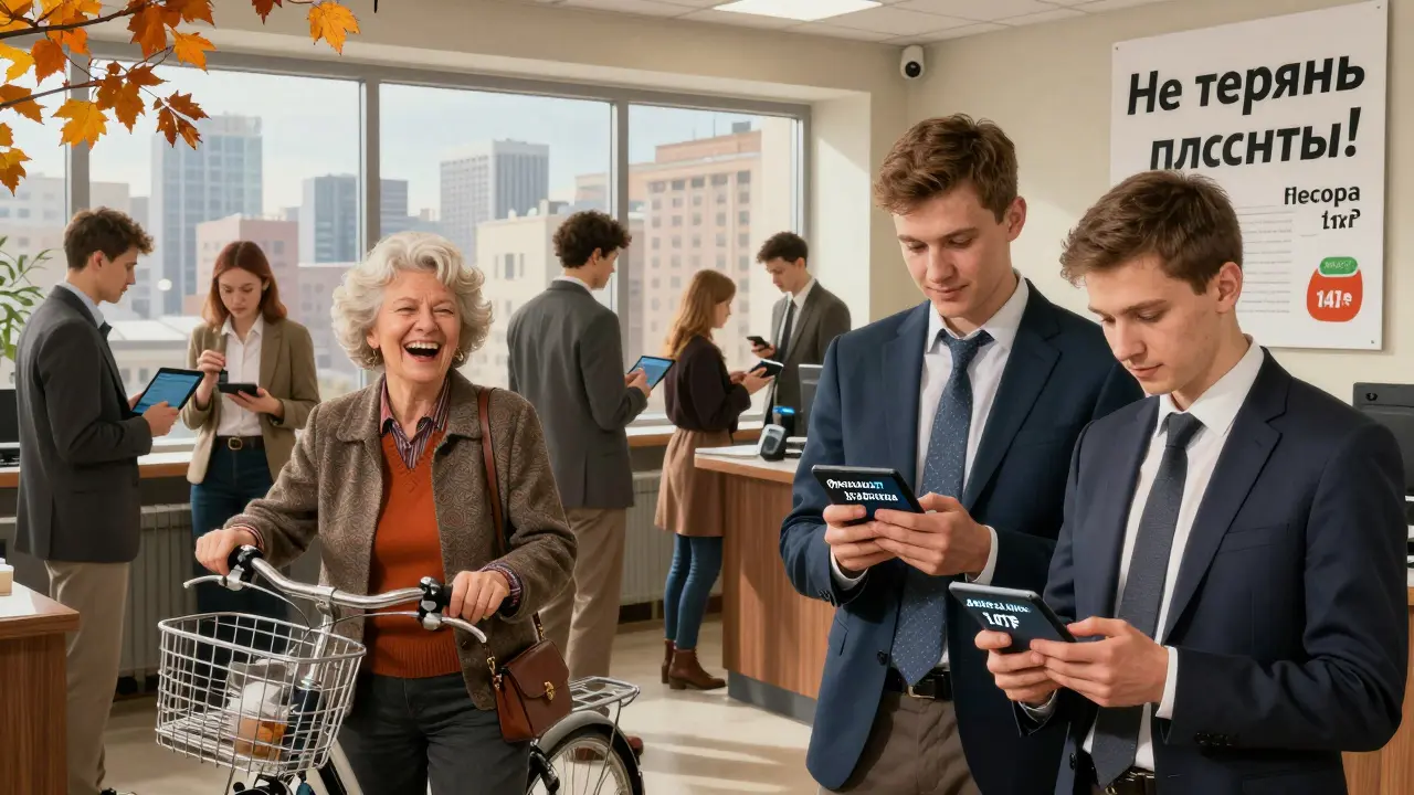 Разные люди в брокерской офисе спокойно покупают денежные фонды, улыбаются и снимают средства.