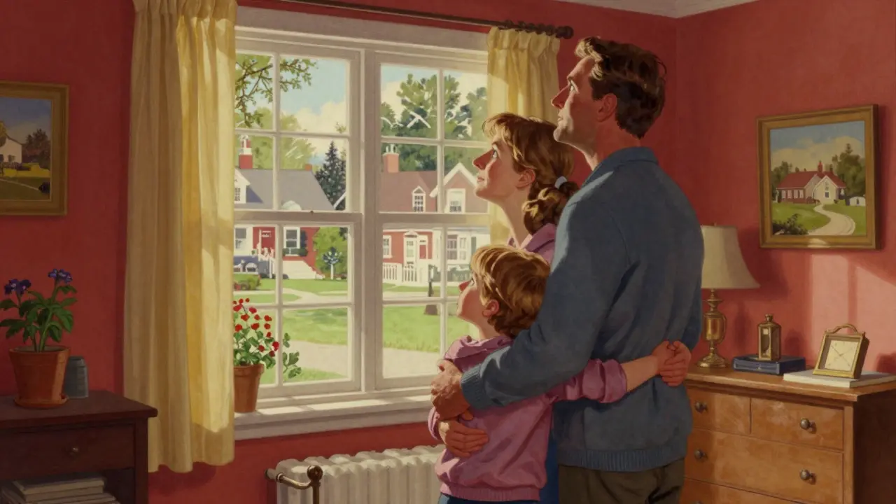 Родители с ребенком смотрят в окно на успешное будущее с уверенностью