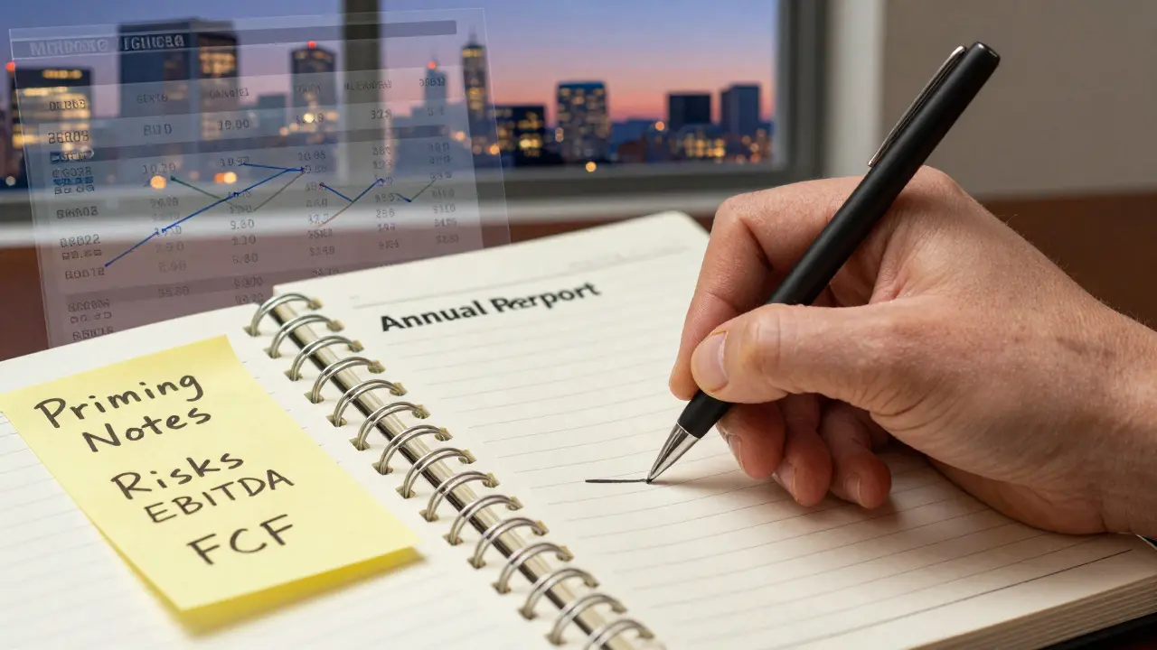 Рука записывает заметки о свободном денежном потоке рядом с английским отчетом.