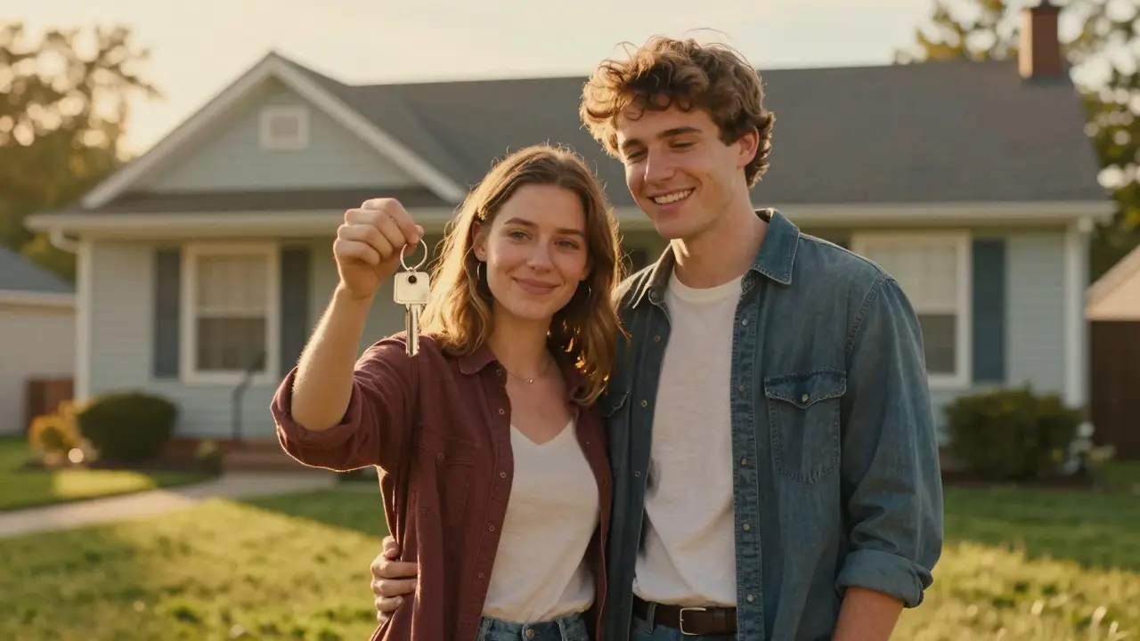 Счастливые люди с ключами от дома после получения кредита