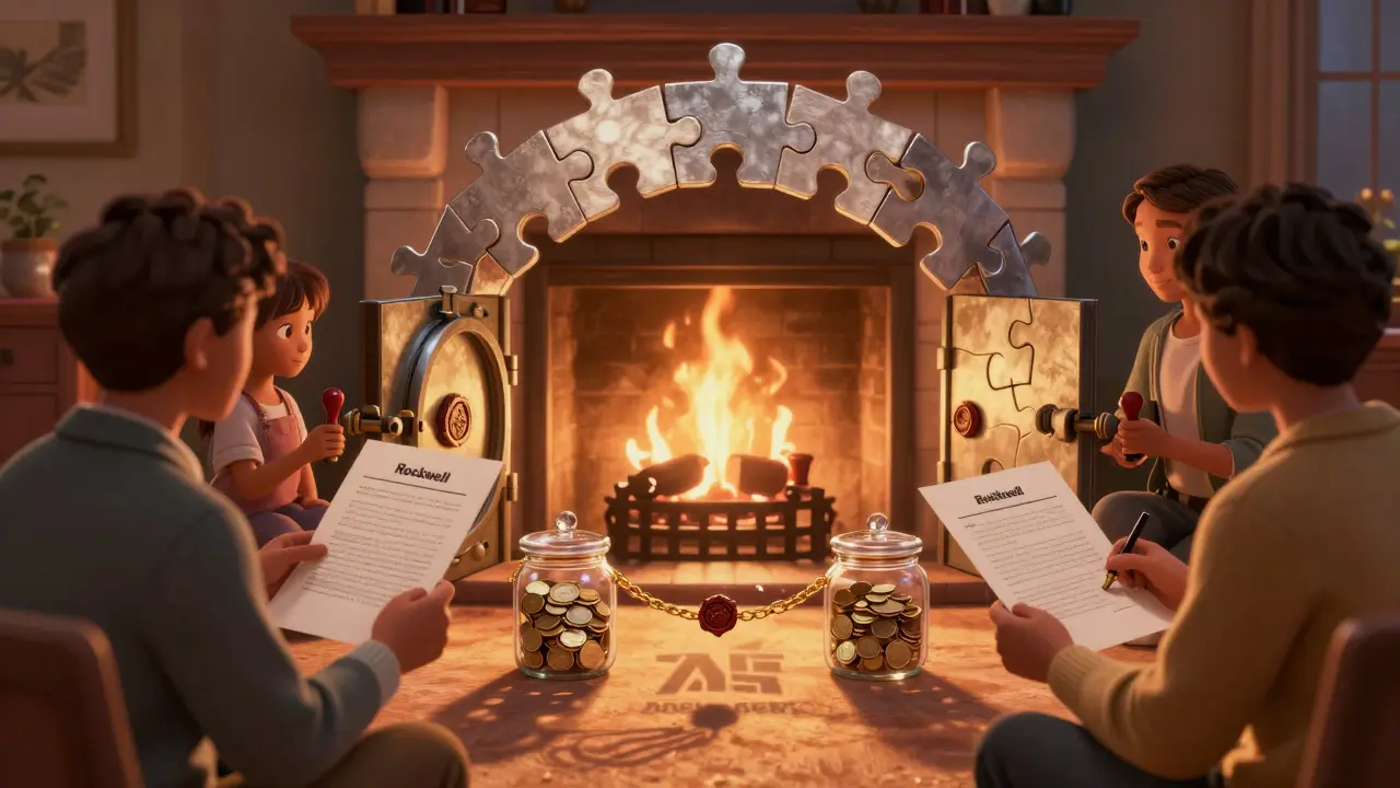 Семья хранит деньги в прозрачных сейфах перед камином с символами страхования