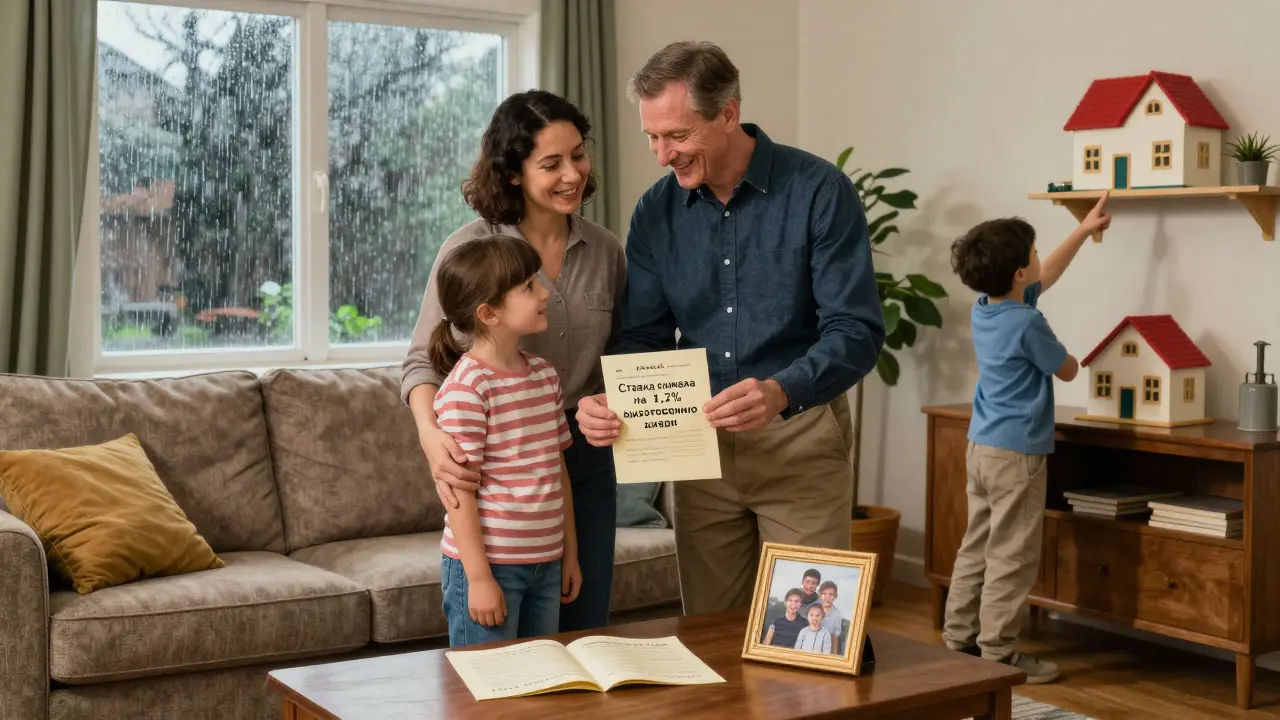Семья радуется снижению ставки по ипотеке благодаря страхованию жизни, на столе лежит полис и семейная фотография.