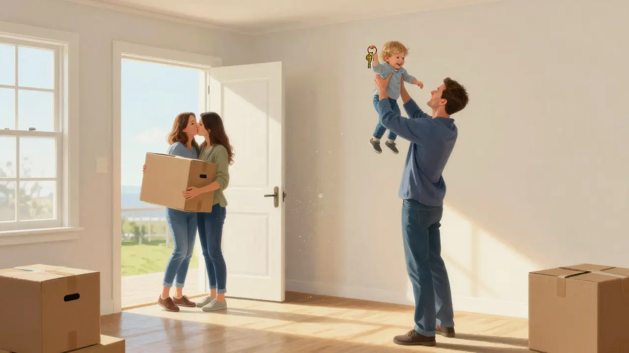 Семья с ребенком радуется получению ключей от квартиры