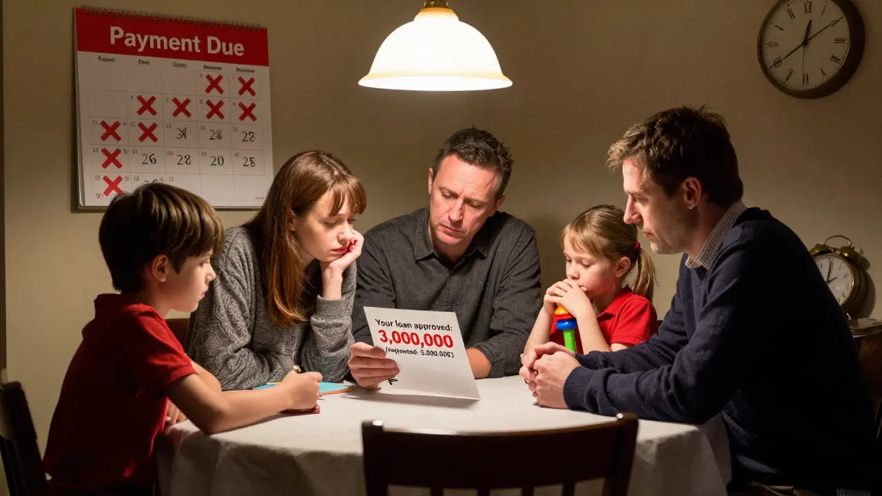 Семья смотрит на письмо: одобрен только 3 млн из 5, календарь с пометками 'платёж', 'страховка', 'рост ставки'.