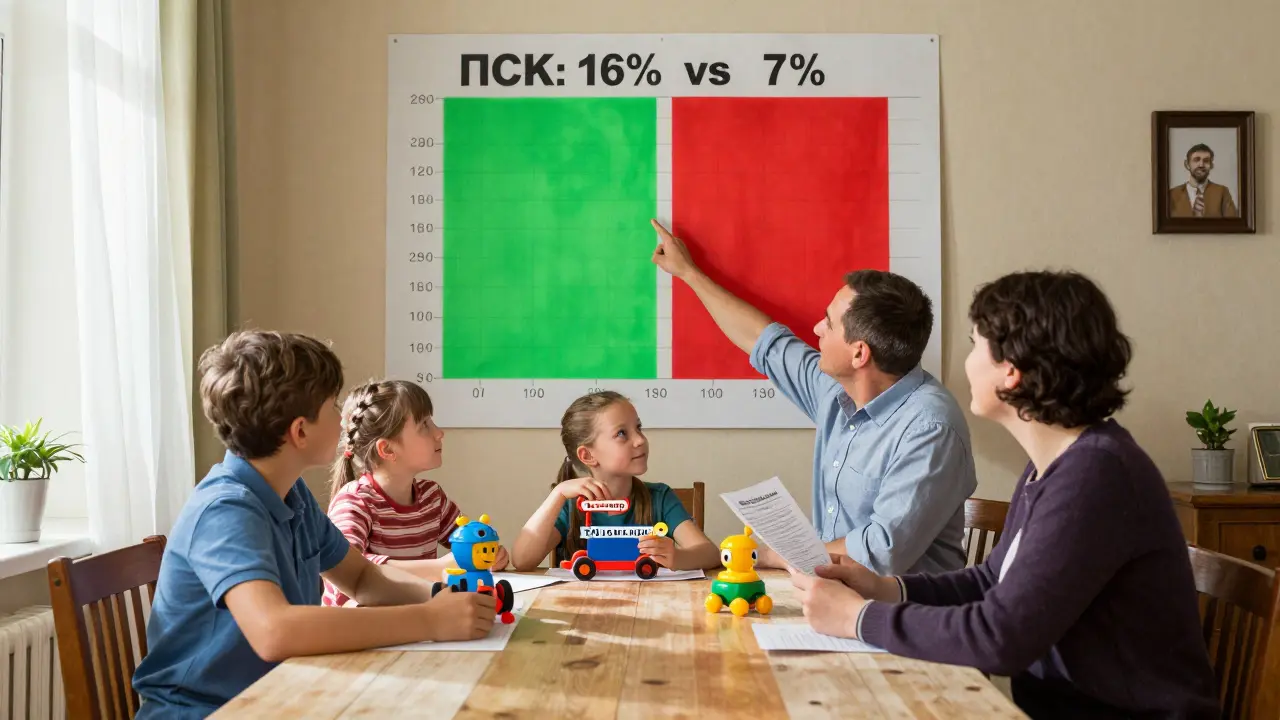 Семья сравнивает два кредита по диаграмме, дети держат игрушки, на стене — таблица ПСК, свет из окна.