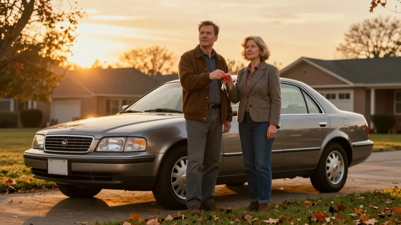 Семья стоит рядом с новым автомобилем на закате с ключами в руках.