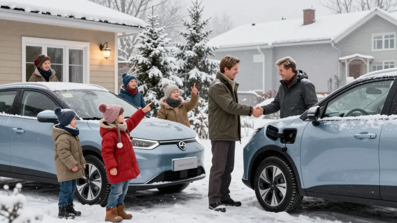 Семья в Тюмени встречает доставку электромобиля, дети радуются, снег падает, соседи наблюдают с улыбкой.