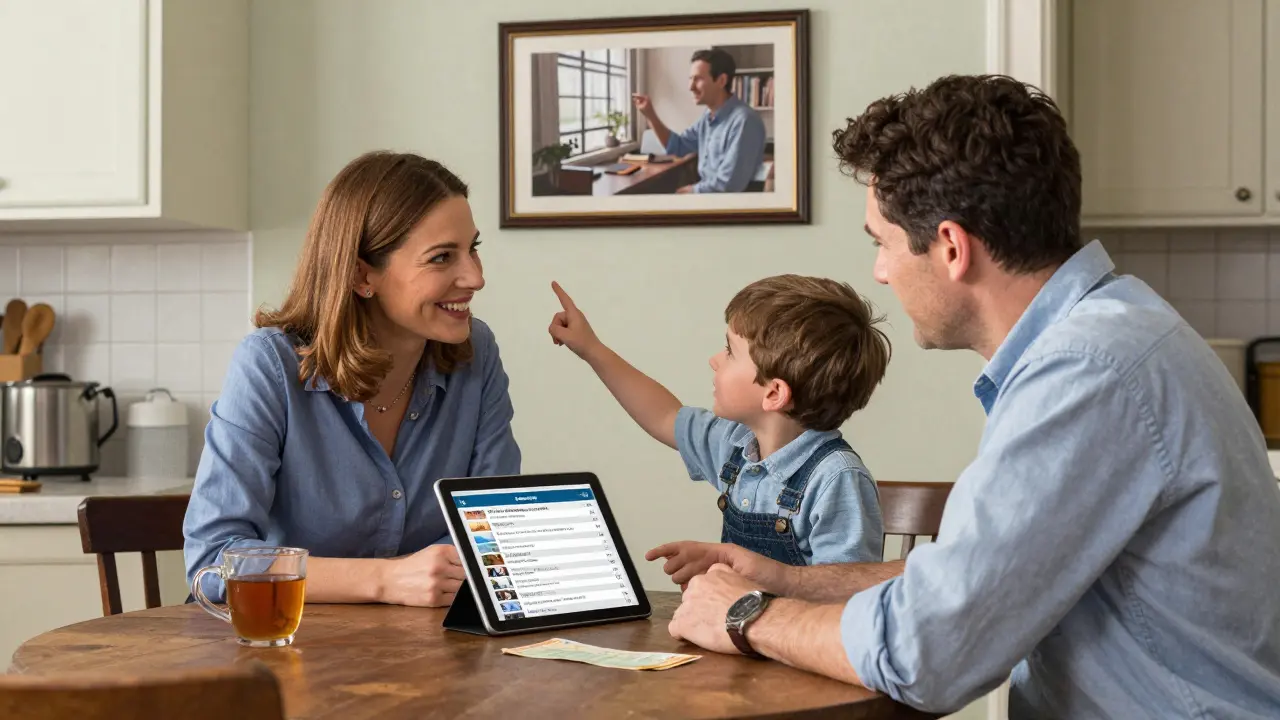 Семья за кухонным столом смотрит на план квартиры, отец кладет новую справку о доходах.