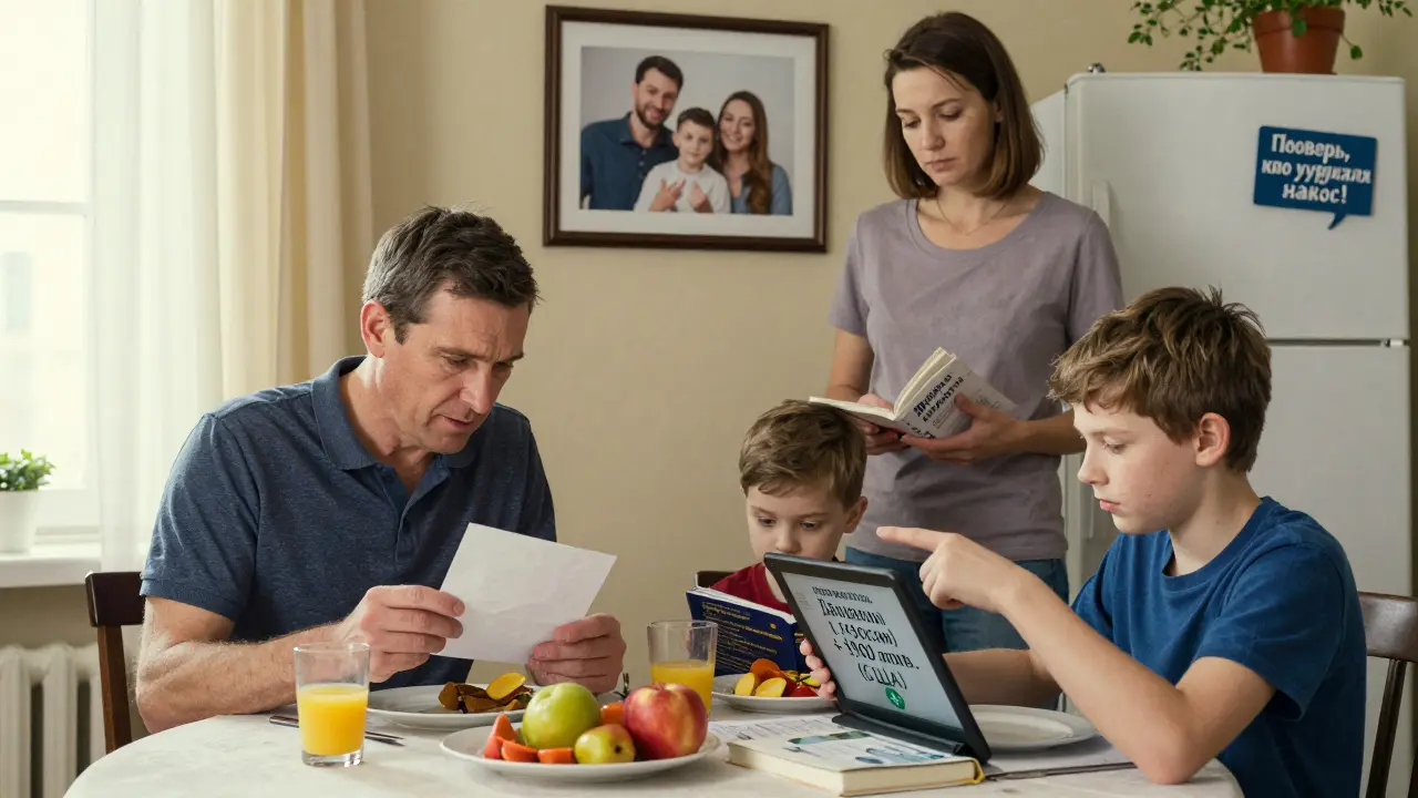 Семья за завтраком обсуждает дивиденды из России и США, один из них открывает письмо от налоговой службы.