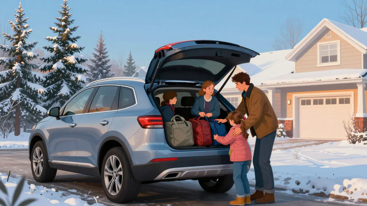 Семья загружает вещи в багажник машины во дворе.