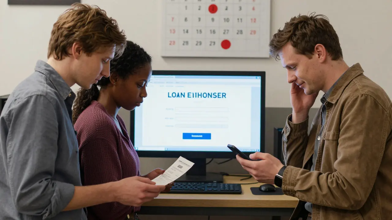 Трое людей смотрят на экран с подтверждением продления займа, один держит квитанцию, другой проверяет уведомление на телефоне.