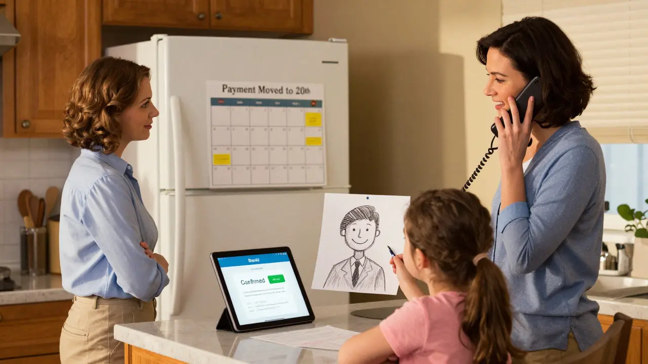 Женщина разговаривает по телефону с банком, дочь держит рисунок, на холодильнике — обновленная дата платежа.