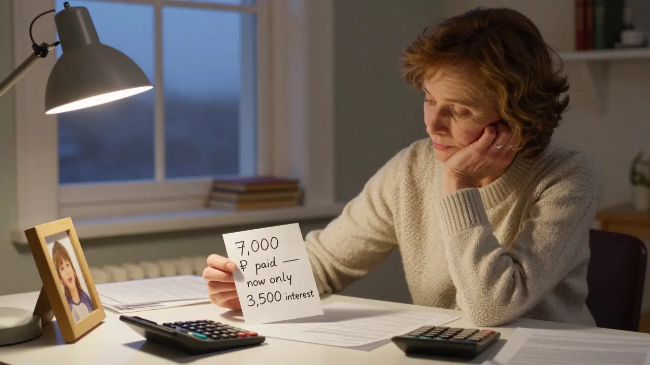 Женщина за столом с калькулятором и запиской о частичном погашении долга, на фоне семейной фотографии и тёплого света лампы.