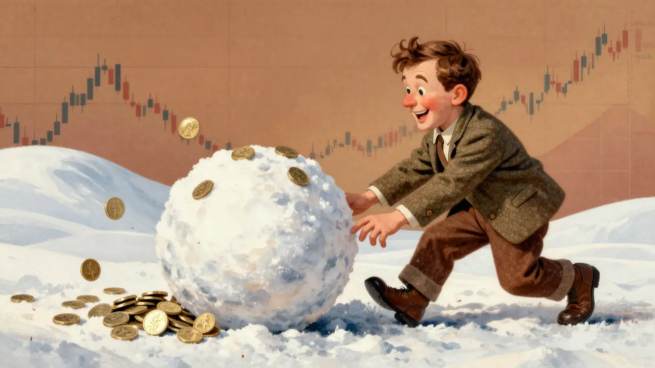 Человек катит растущий снежный ком из золотых монет