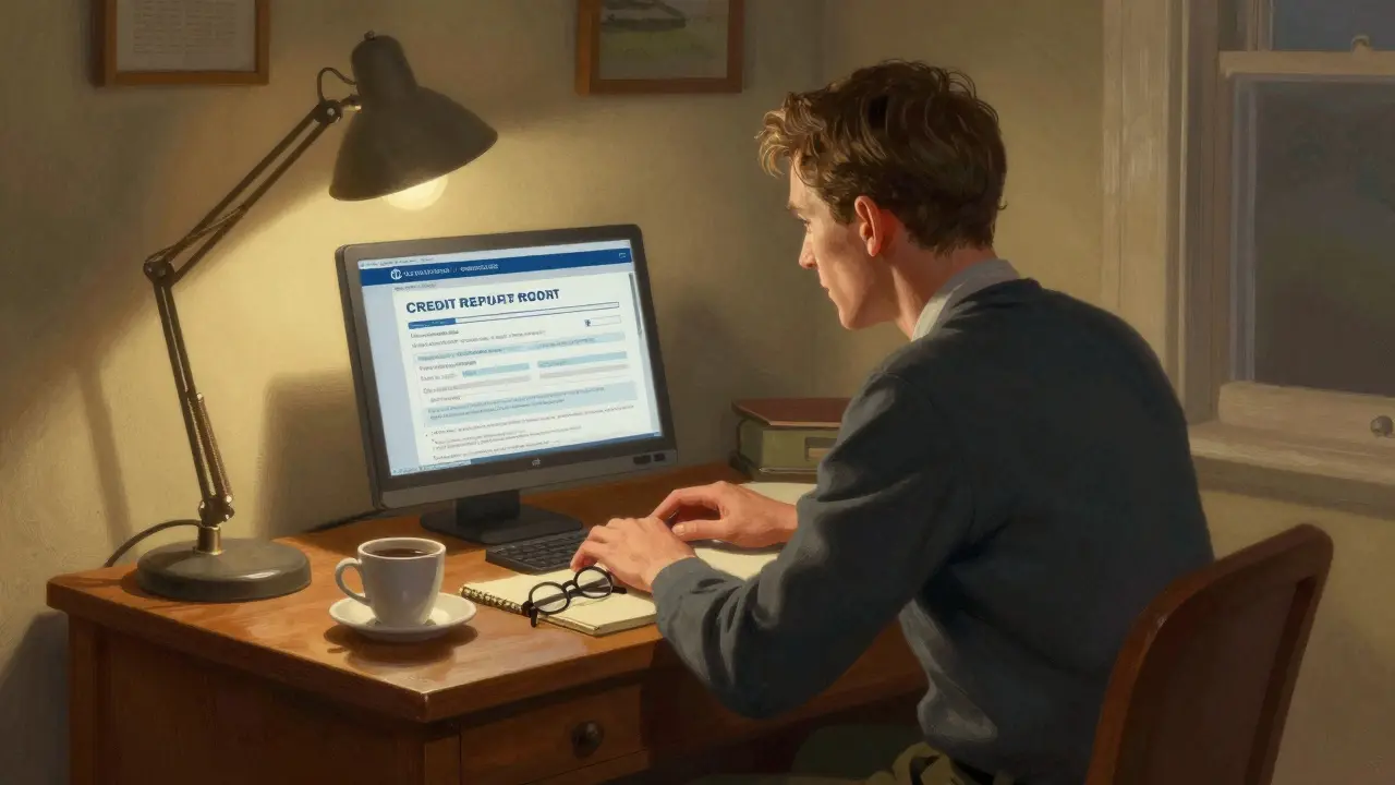 Человек проверяет кредитную историю за компьютером дома
