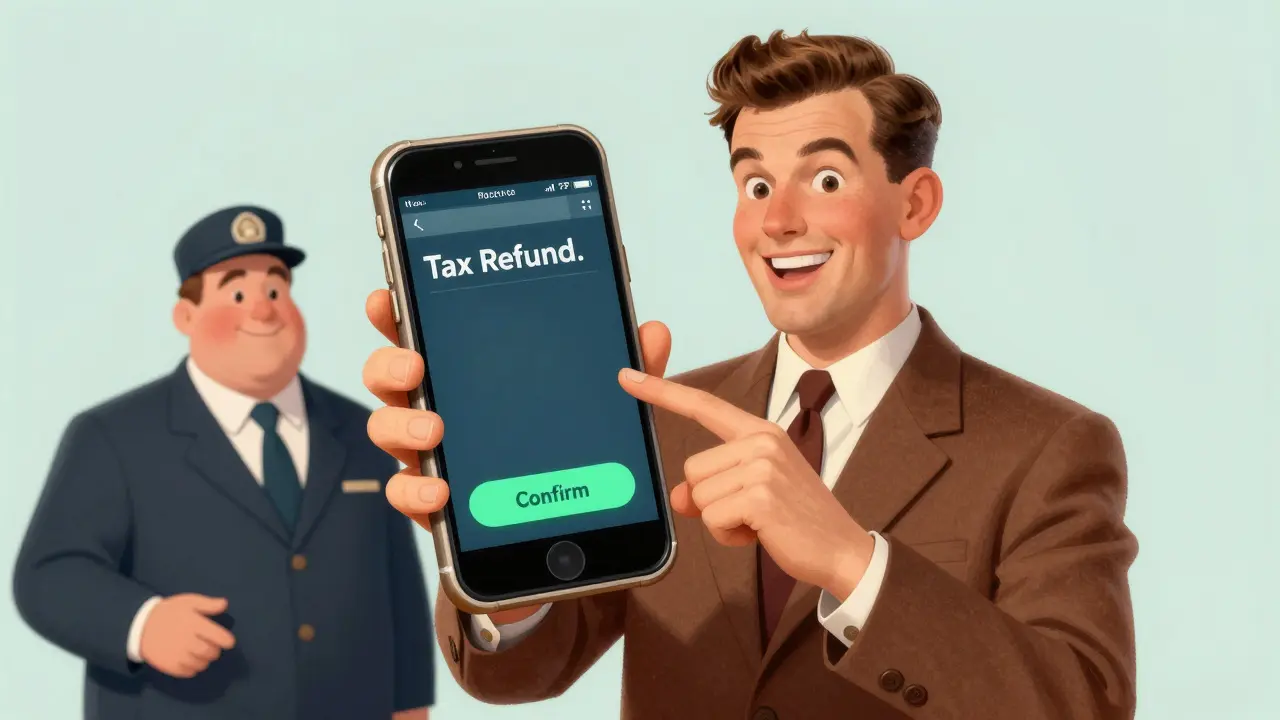 Человек с улыбкой нажимает кнопку получения вычета в приложении