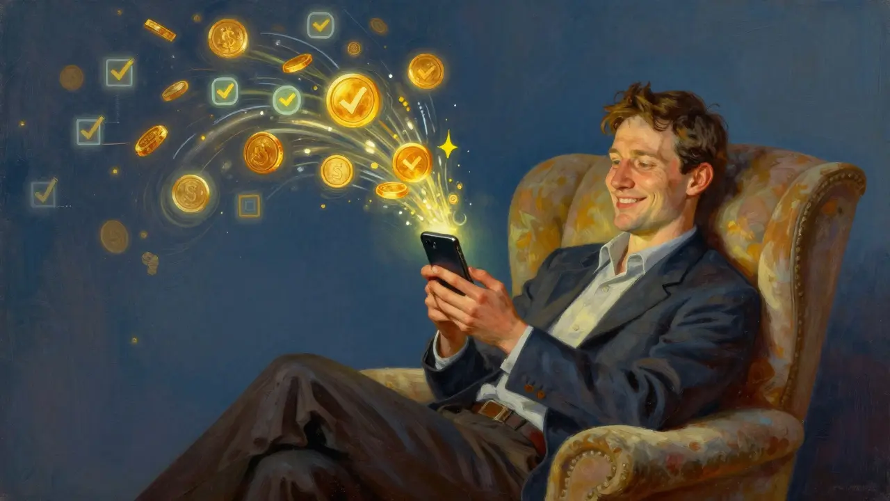 Человек с улыбкой подтверждает доход через смартфон с цифровыми иконками