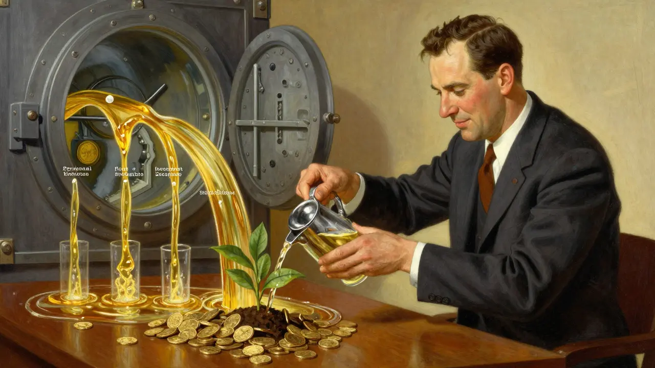 Человек выращивает капитал из четырех источников денежных потоков