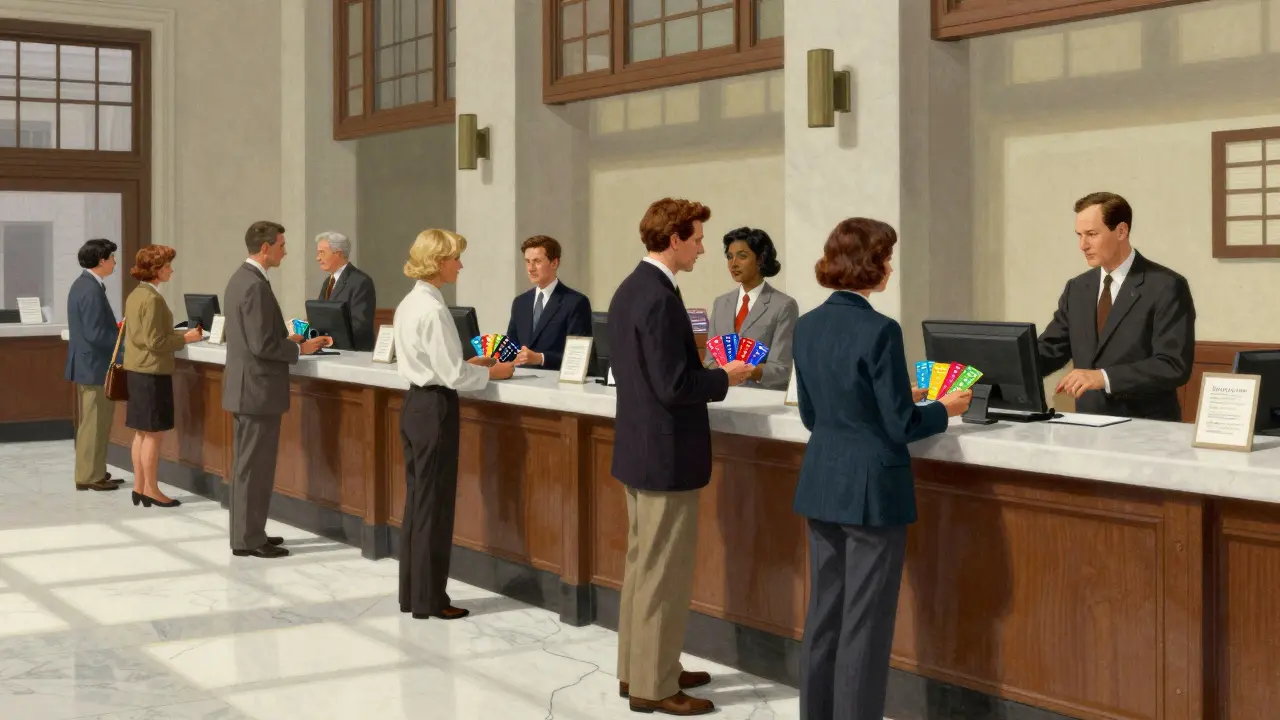 Клиенты в банке сравнивают разные предложения по картам