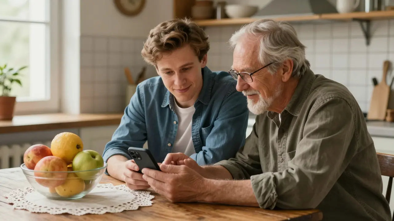 Молодой человек помогает старшему родственнику открыть инвестиционный счет через приложение