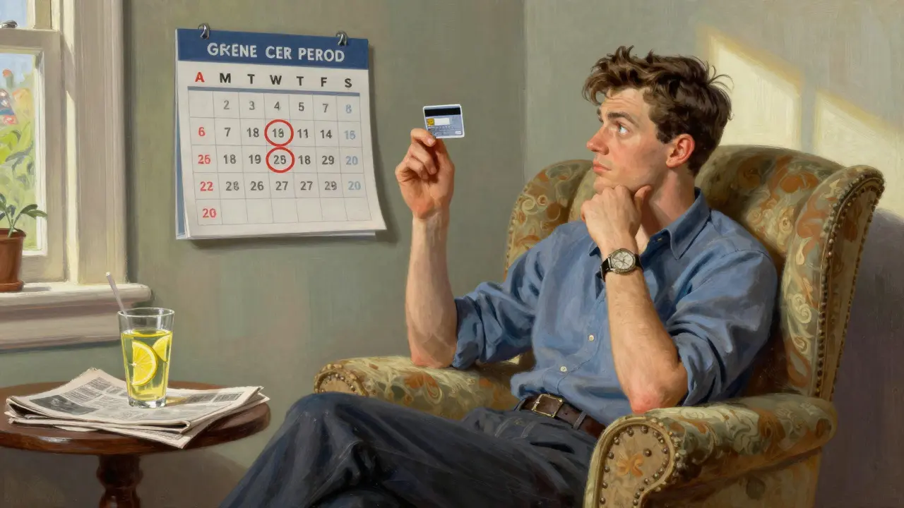 Молодой человек задумчиво смотрит на дату в календаре, держа в руке кредитную карту.