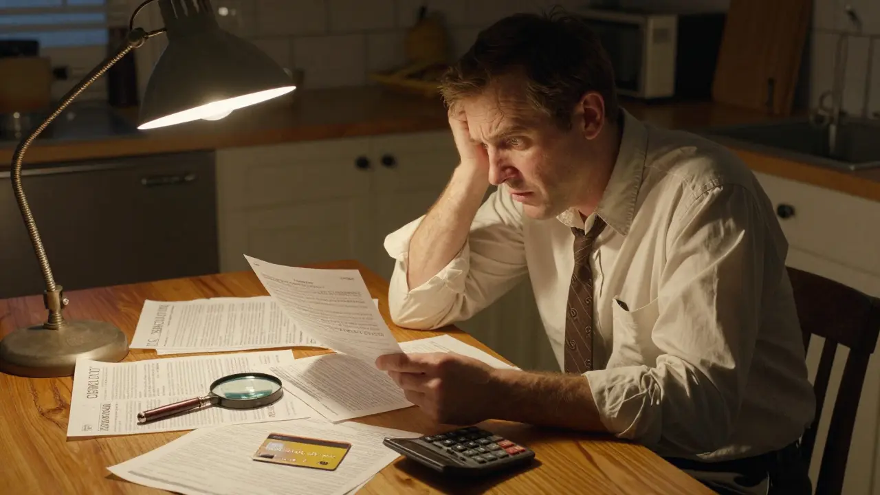 Мужчина изучает мелкий шрифт в банковских документах за кухонным столом