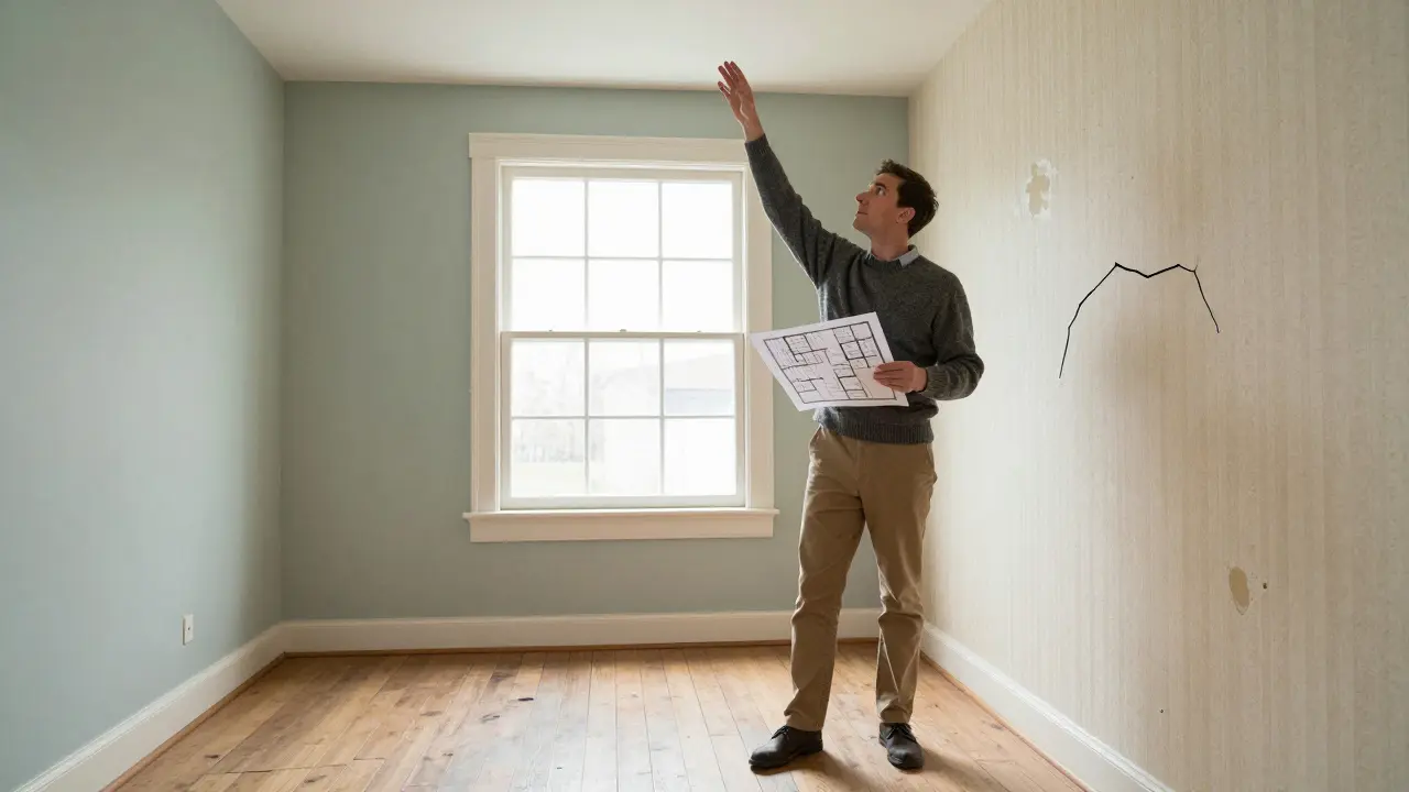 Мужчина осматривает состояние стен и планировку в пустой квартире
