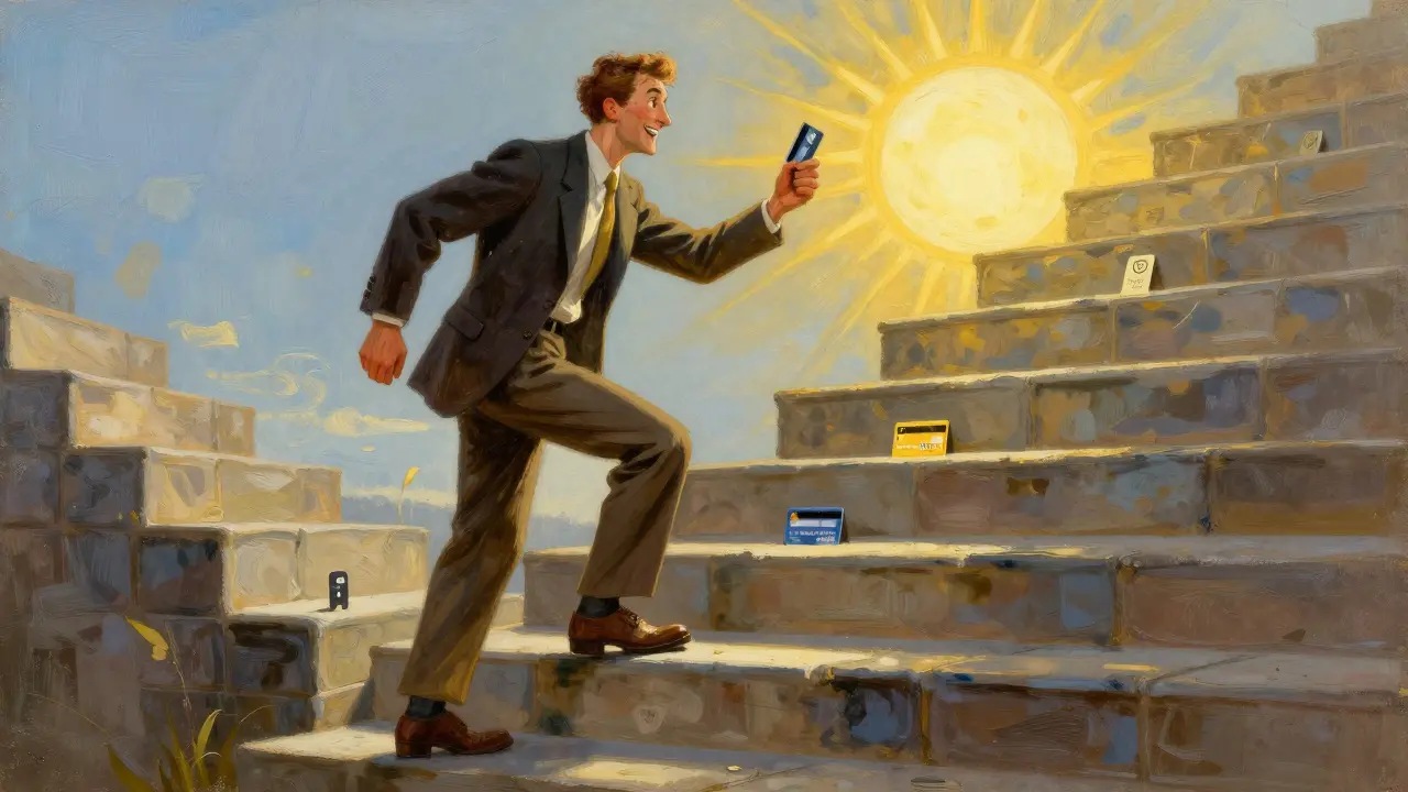 Мужчина поднимается по ступеням к улучшению кредитного рейтинга