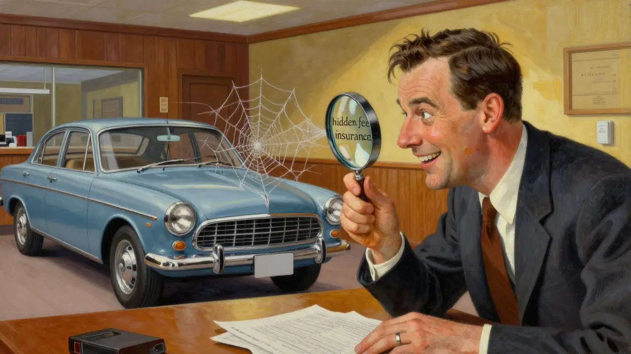 Мужчина рассматривает автомобиль, обнаруживая скрытые платежи и комиссии через лупу