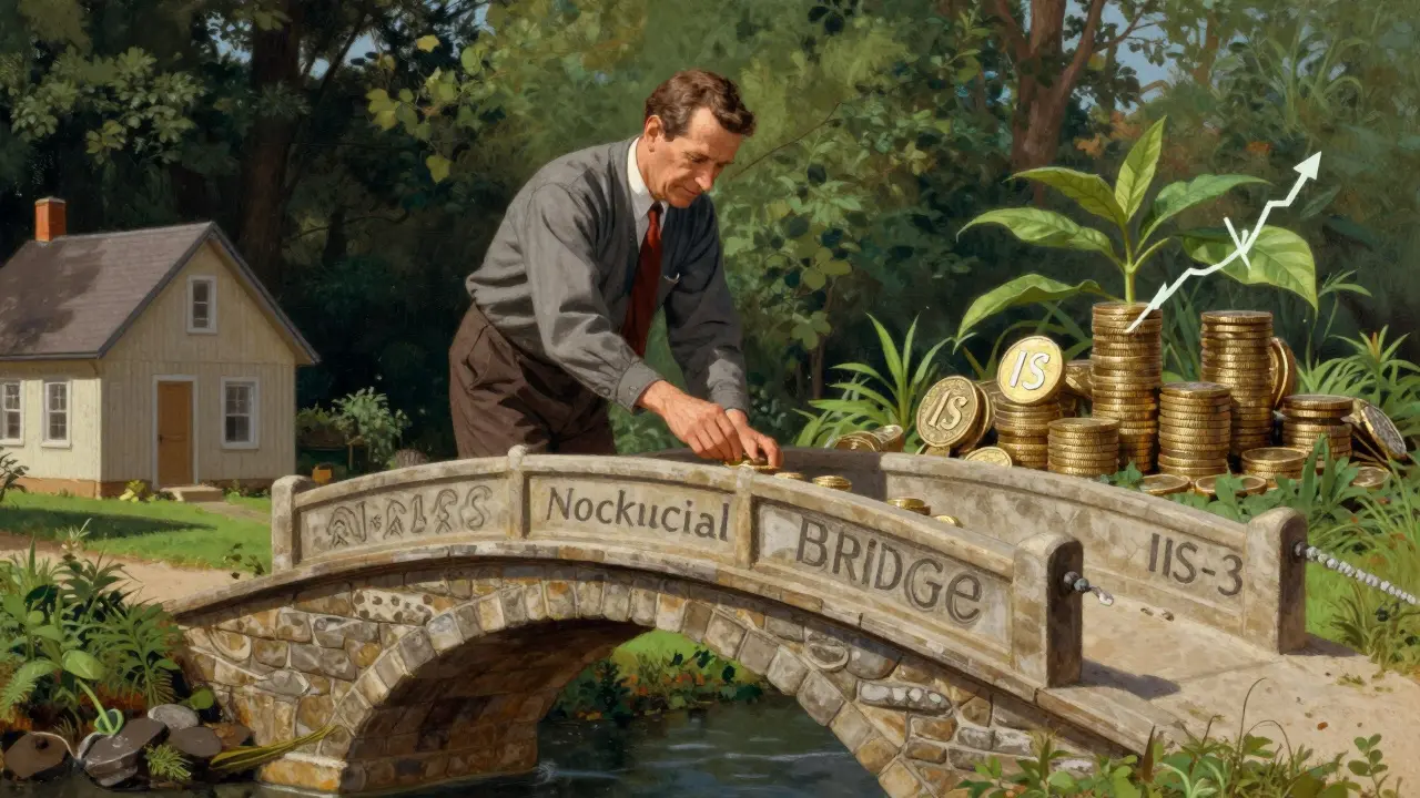 Мужчина строит финансовый мост из монет, символизирующий долгосрочный ИИС-3