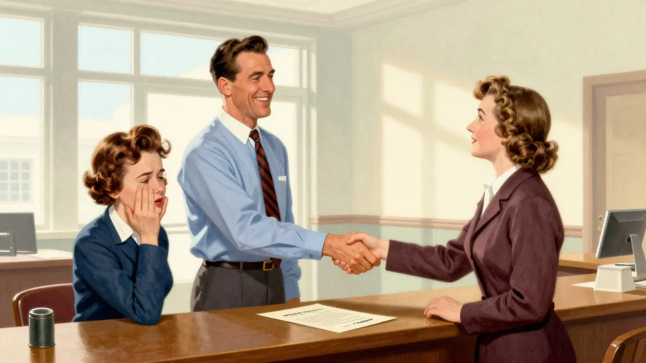 Мужчина в банке закрывает счет и пожимает руку сотруднику