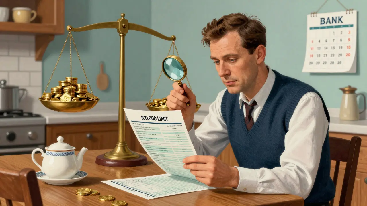 Мужчина внимательно изучает банковские лимиты и комиссии за кухонным столом