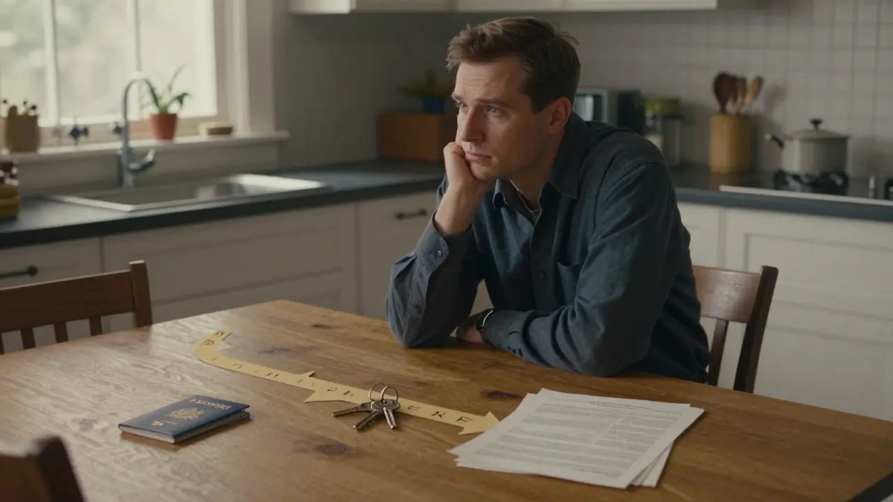 Мужчина за столом выбирает между паспортом и ключами от дома