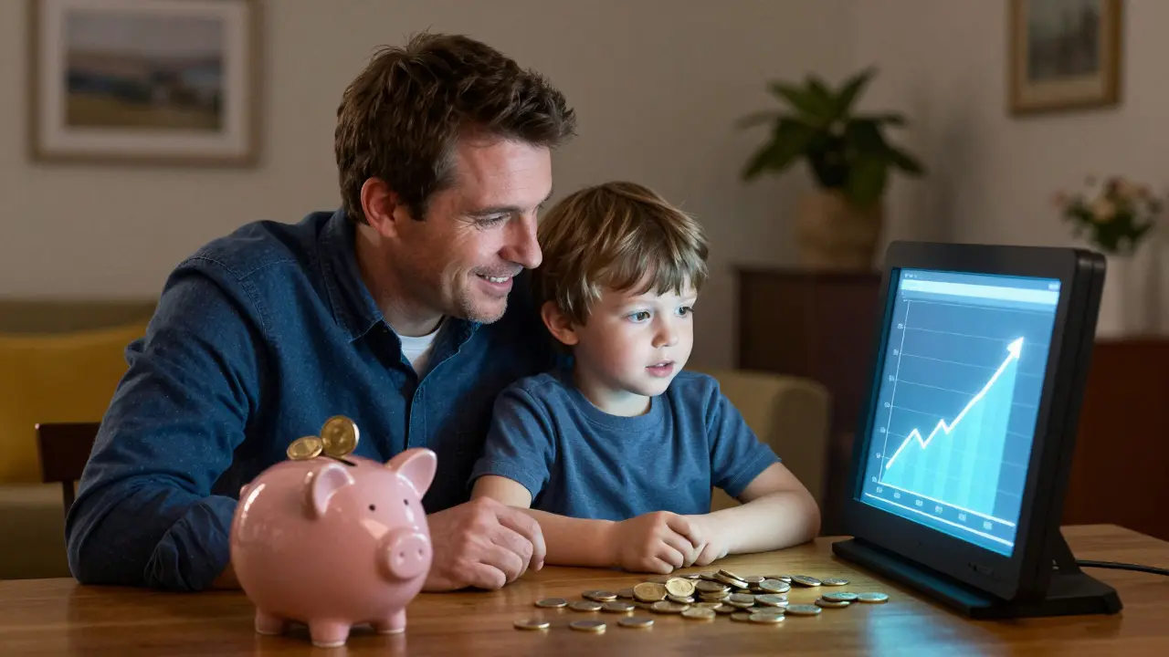 Отец и ребенок планируют финансовое будущее, глядя на рост своих накоплений