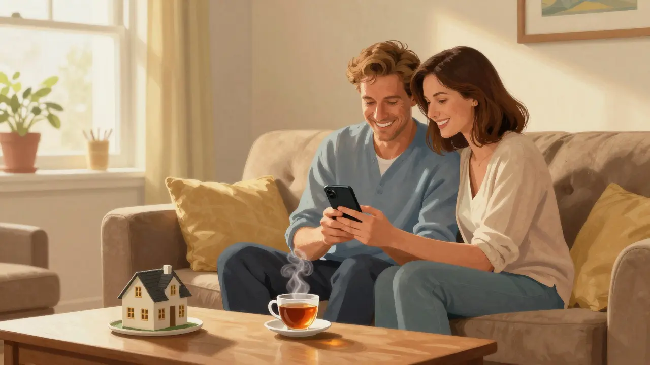 Пара на диване подписывает ипотечные документы через смартфон