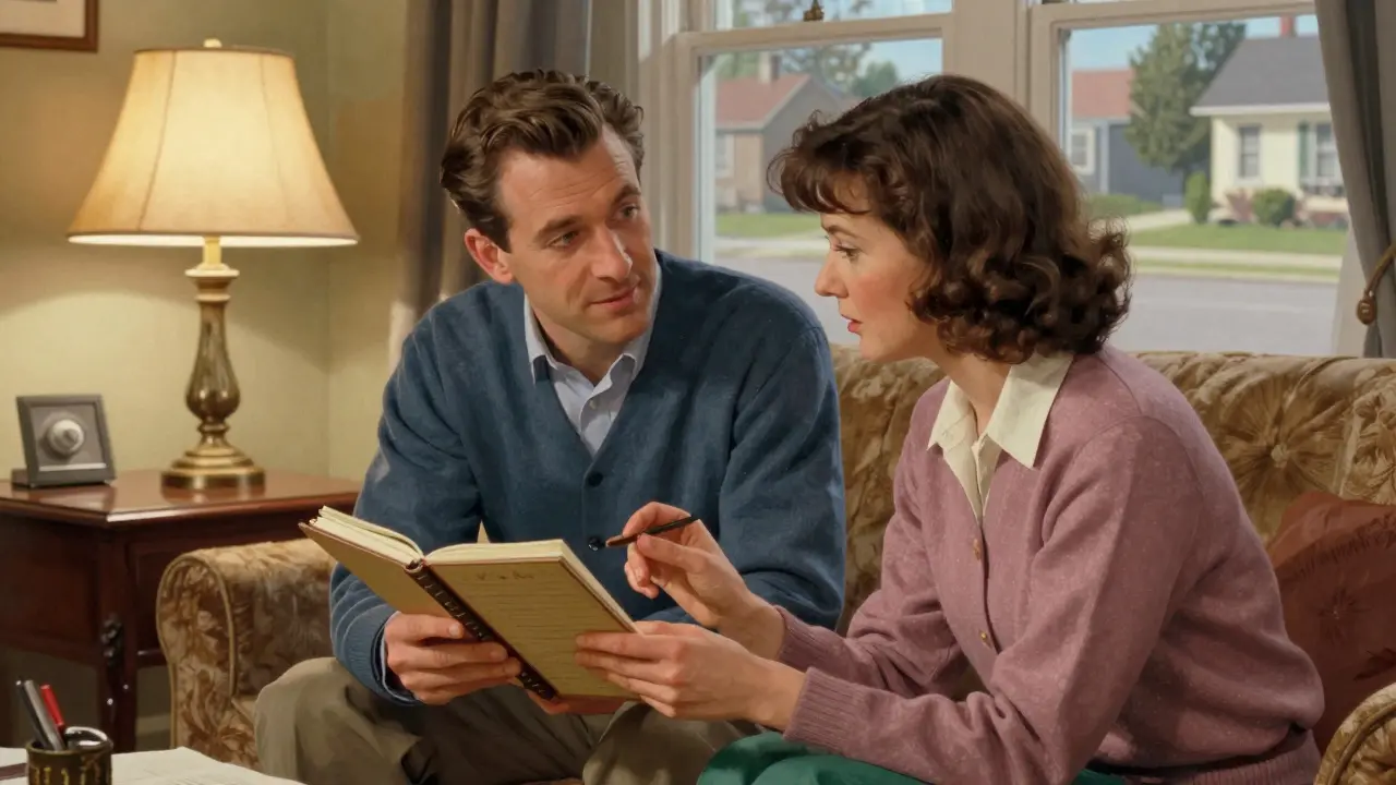 Пара обсуждает стратегию сбережений за столом в уютной комнате