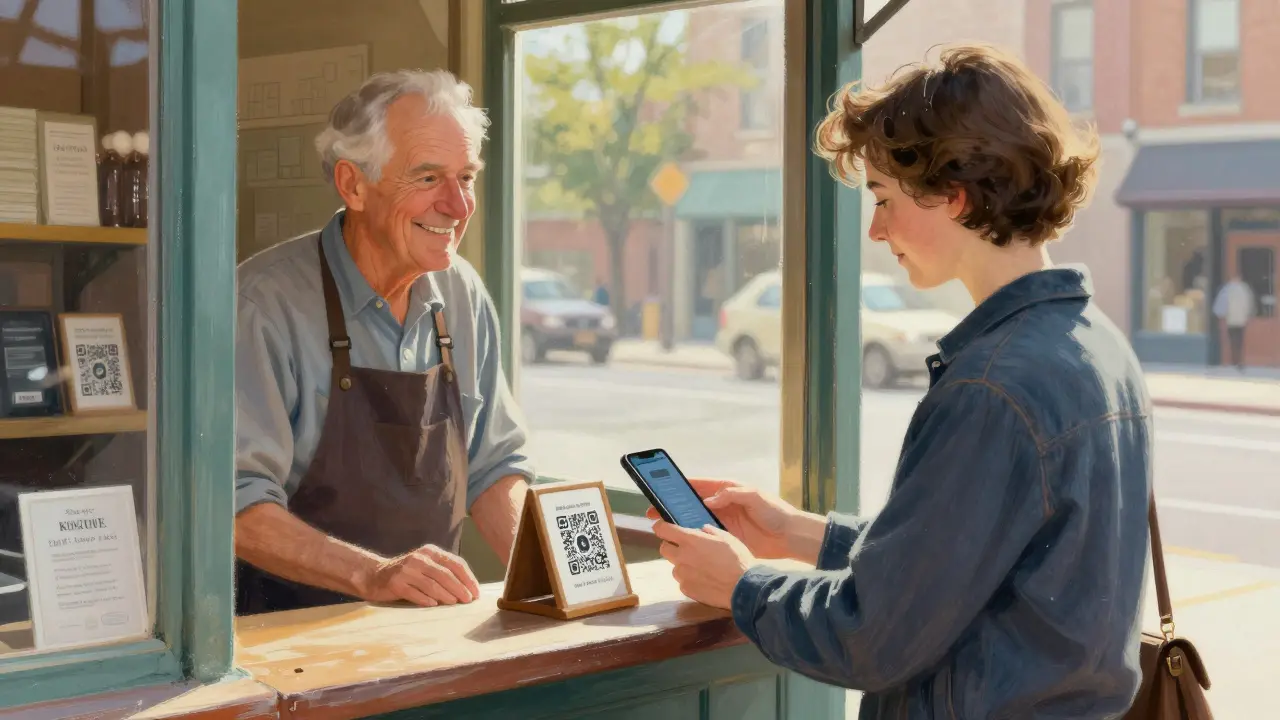 Покупатель оплачивает покупку в небольшом магазине с помощью QR-кода через телефон