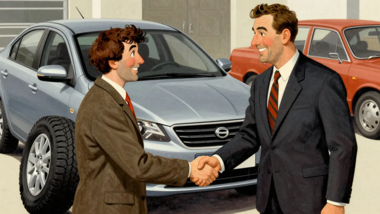 Покупатель забирает новый автомобиль с дополнительными подарками и скидками.