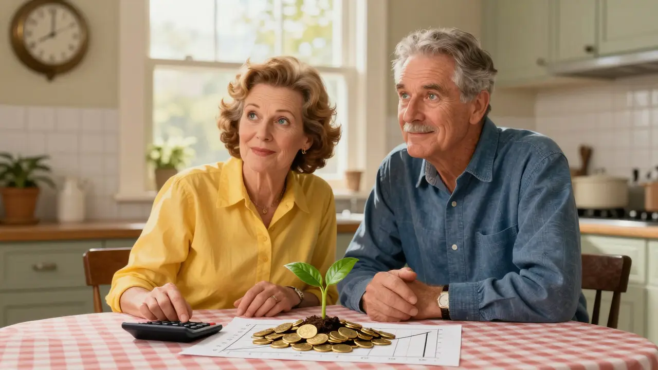 Пожилая пара с образом растущего капитала из золотых монет