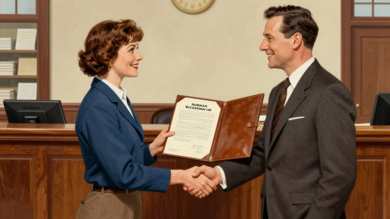 Предприниматель уверенно жмет руку банкиру в классическом офисе банка