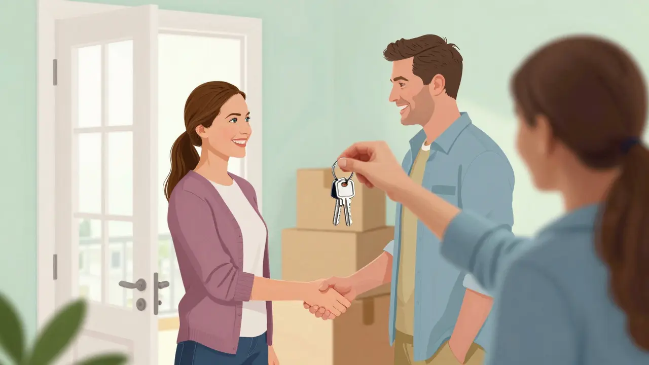 Продавец передает ключи от квартиры покупателю после успешной сделки
