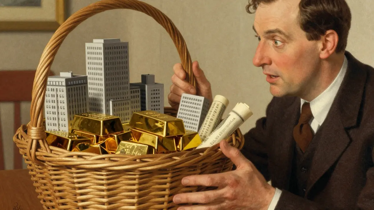 Разнообразные активы в корзине, символизирующие диверсифицированный инвестиционный портфель