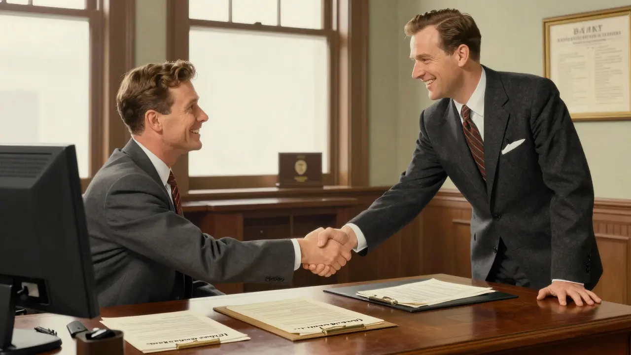 Рукопожатие клиента и банковского менеджера при заключении выгодного договора