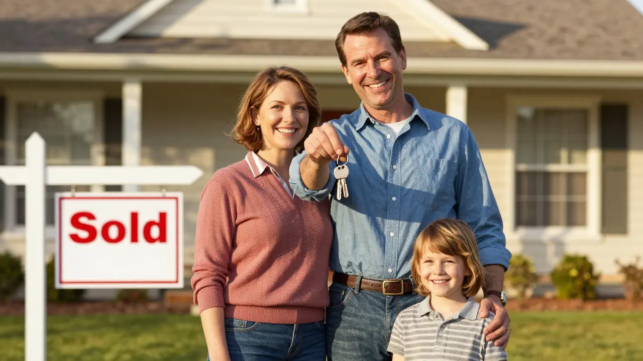 Счастливая семья перед своей новой квартирой с ключами в руках