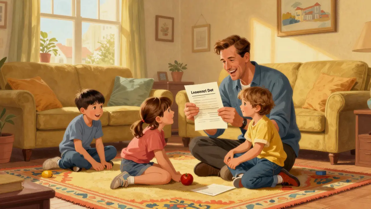 Счастливая семья в гостиной после снижения процентной ставки по кредиту