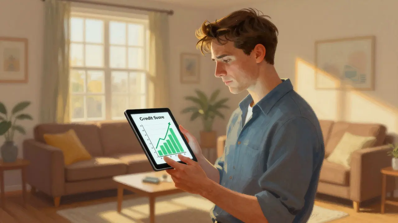 Счастливый человек видит рост своего кредитного рейтинга на экране