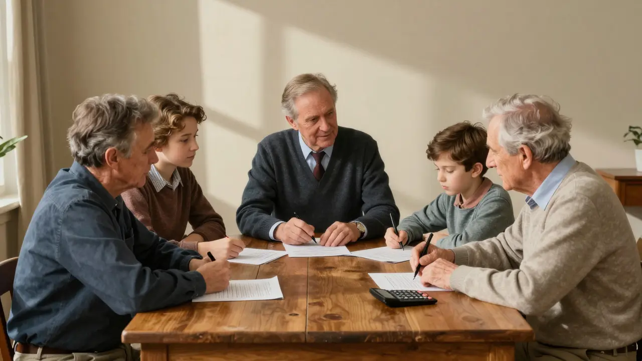 Семья за столом планирует семейный бюджет и финансы